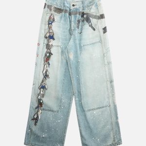 Concert Outfit Distressed Washed Ink-Splashed Chain Print Baggy Jeans