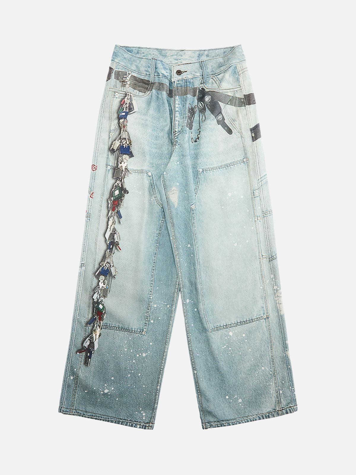 Concert Outfit Distressed Washed Ink-Splashed Chain Print Baggy Jeans Concert Outfit Distressed Washed Ink-Splashed Chain Print Baggy Jeans