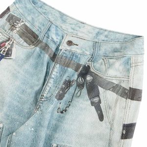 Concert Outfit Distressed Washed Ink-Splashed Chain Print Baggy Jeans