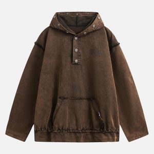 Concert Outfit Distressed Washed Rivet Hooded Denim Sweatshirt
