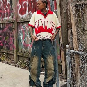 Concert Outfit Distressed Washed Stitching Jeans