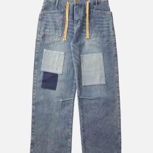 Concert Outfit Drawstring Denim Patch Washed Jeans