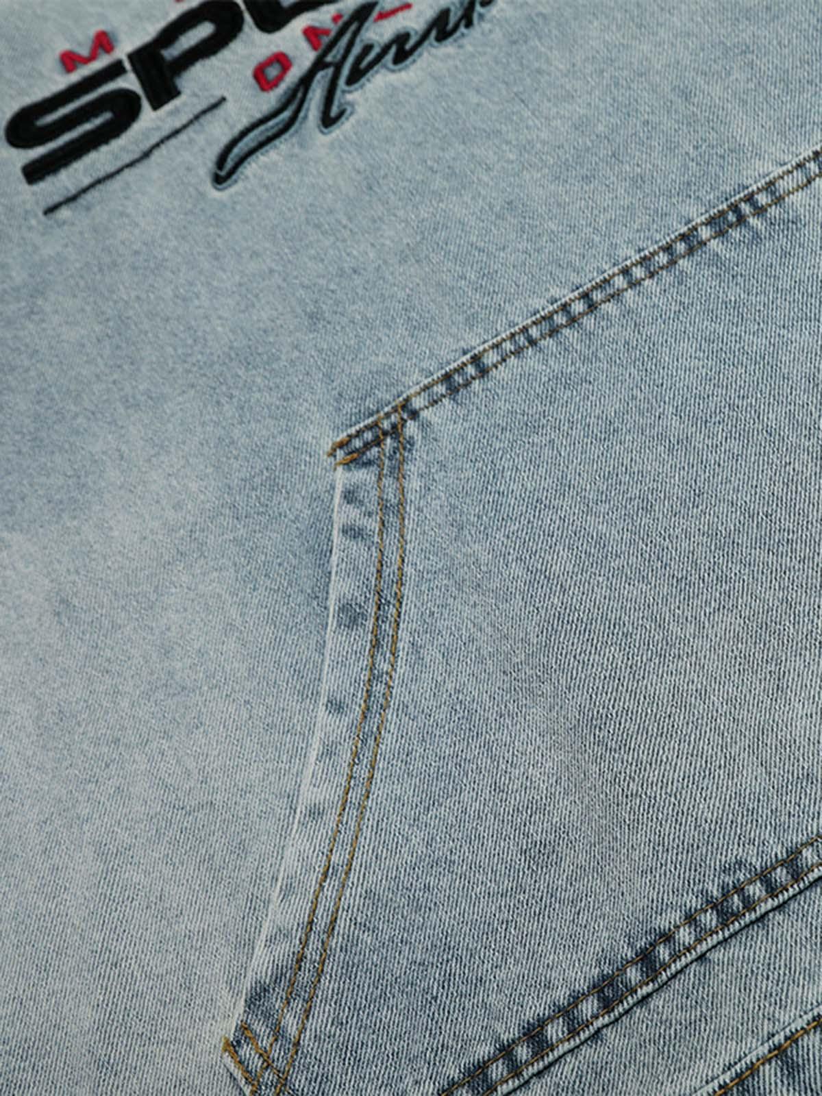 Concert Outfit Embroidered Washed Distressed Denim Hoodie Concert Outfit Embroidered Washed Distressed Denim Hoodie