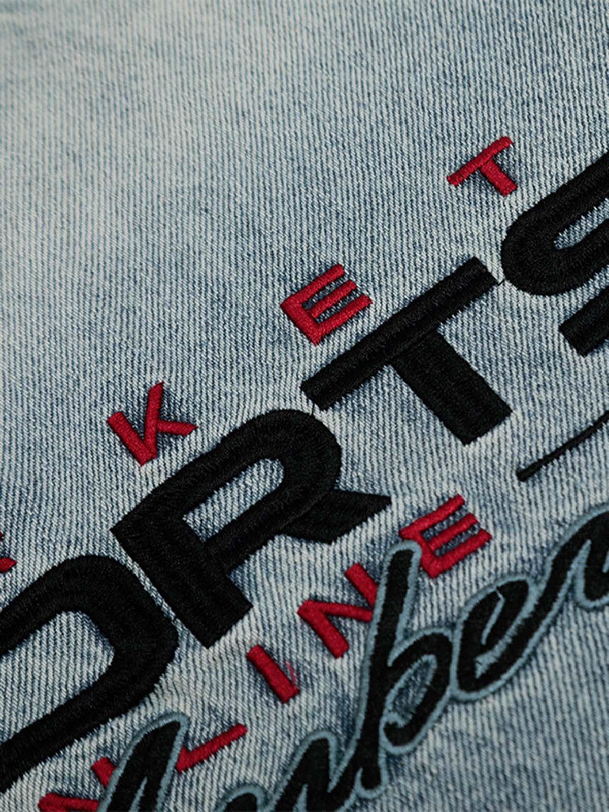 Concert Outfit Embroidered Washed Distressed Denim Hoodie Concert Outfit Embroidered Washed Distressed Denim Hoodie