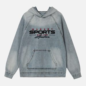 Concert Outfit Embroidered Washed Distressed Denim Hoodie