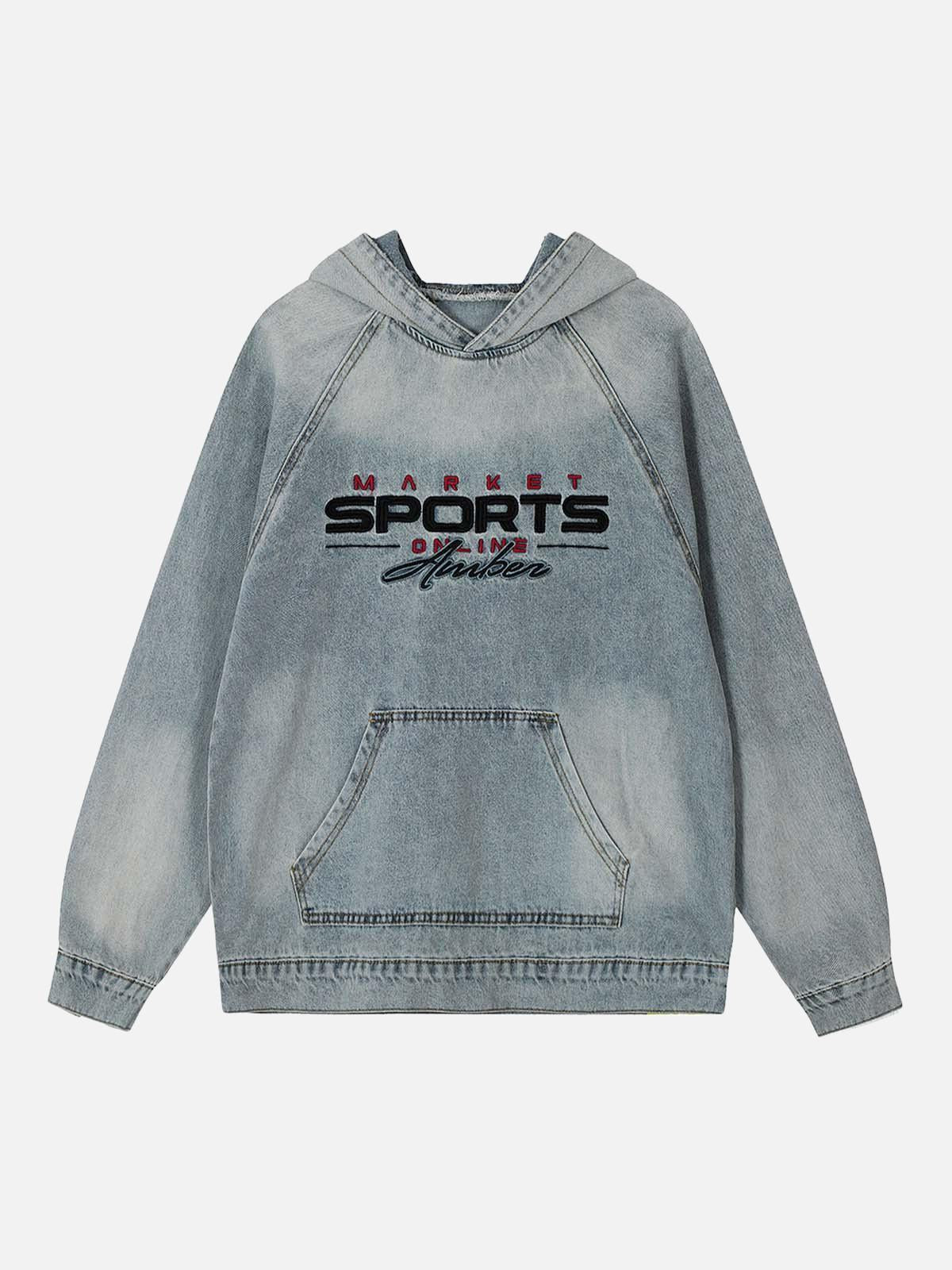 Concert Outfit Embroidered Washed Distressed Denim Hoodie Concert Outfit Embroidered Washed Distressed Denim Hoodie