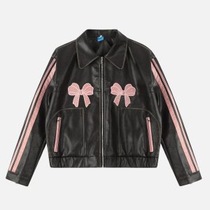 Concert Outfit Embroidery Bow Faux Leather Jacket