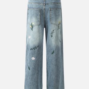 Concert Outfit Embroidery Flower Washed Jeans
