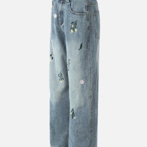 Concert Outfit Embroidery Flower Washed Jeans