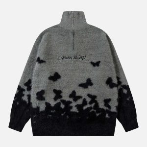 Concert Outfit Faux Mink Butterfly Zip Up Turtle Neck Sweater