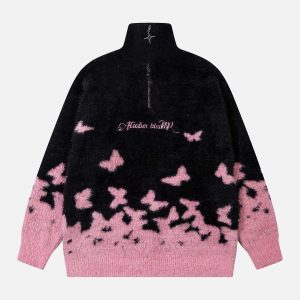 Concert Outfit Faux Mink Butterfly Zip Up Turtle Neck Sweater