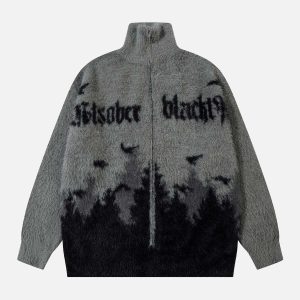 Concert Outfit Faux Mink Fur Forest Bird High Collar Zipper Sweater