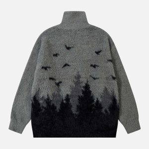 Concert Outfit Faux Mink Fur Forest Bird High Collar Zipper Sweater