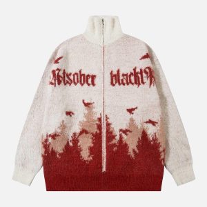 Concert Outfit Faux Mink Fur Forest Bird High Collar Zipper Sweater