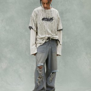 Concert Outfit Faux Two-Piece Distressed Woolen T-Shirt