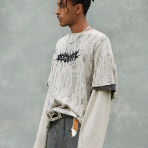 Concert Outfit Faux Two-Piece Distressed Woolen T-Shirt