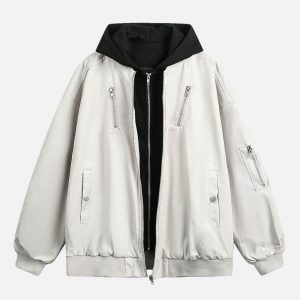 Concert Outfit Faux Two-Piece Multi Pocket Spliced Hooded Bomber Jacket