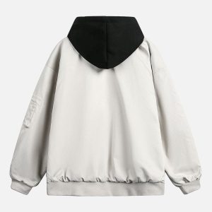 Concert Outfit Faux Two-Piece Multi Pocket Spliced Hooded Bomber Jacket