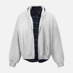 Concert Outfit Faux Two-Piece Plaid Fleece Hooded Jacket