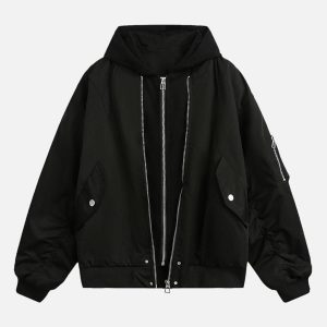 Concert Outfit Faux Two-Piece Pleated Spliced Hooded Bomber Jacket