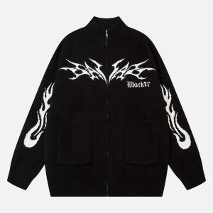 Concert Outfit Flame Faux Mink Fur Zip Up Mock Neck Sweater