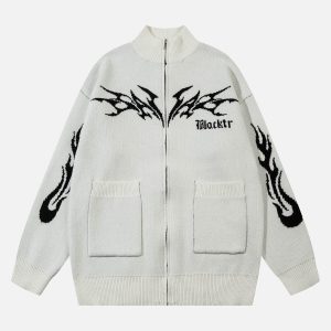 Concert Outfit Flame Faux Mink Fur Zip Up Mock Neck Sweater