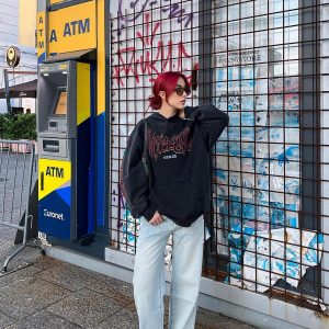 Concert Outfit Flame Letter Washed Hoodie