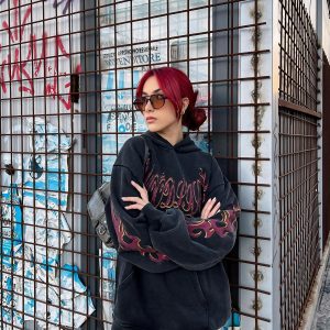 Concert Outfit Flame Letter Washed Hoodie