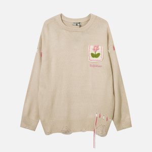 Concert Outfit Floral Embroidered Crew Neck Sweater