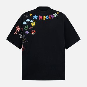 Concert Outfit Floral Embroidered Crew Neck T-Shirt