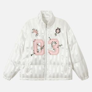 Concert Outfit Floral Letter Embroidered Stand Collar Cotton Coat