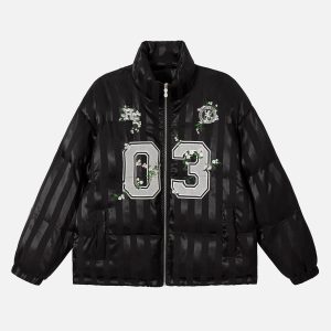 Concert Outfit Floral Letter Embroidered Stand Collar Cotton Coat