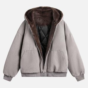 Concert Outfit Fur Hooded Zip Up Quilted Jacket