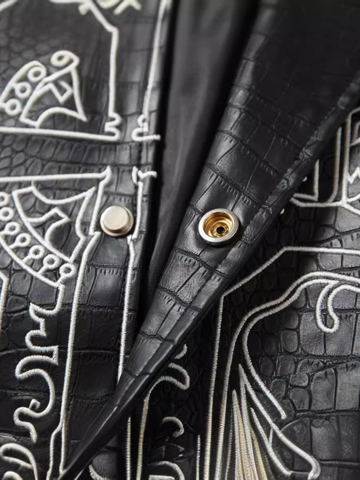 Concert Outfit Gothic Cross Embroidery Crocodile Leather Bomber Jacket Concert Outfit Gothic Cross Embroidery Crocodile Leather Bomber Jacket