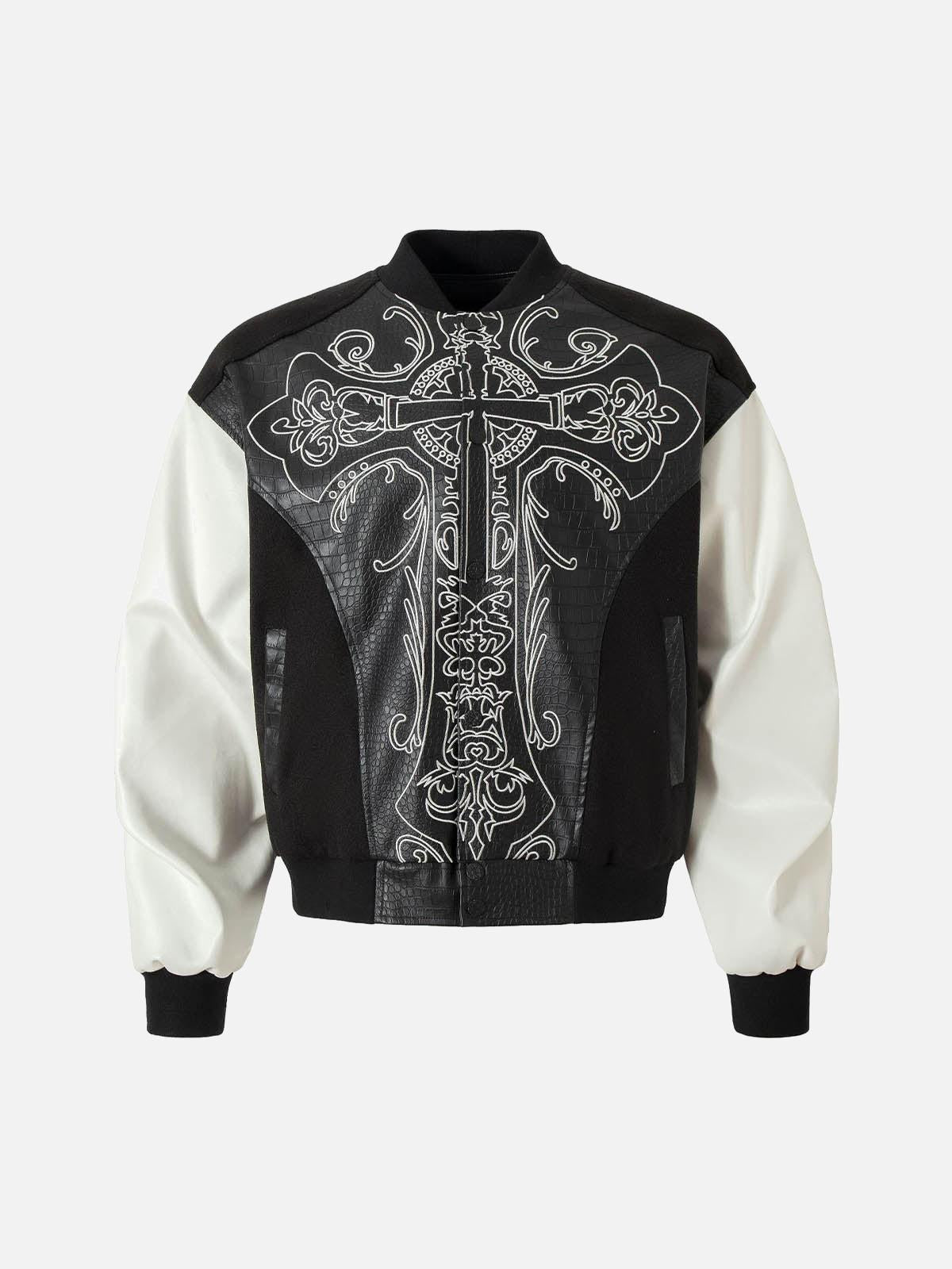 Concert Outfit Gothic Cross Embroidery Crocodile Leather Bomber Jacket Concert Outfit Gothic Cross Embroidery Crocodile Leather Bomber Jacket