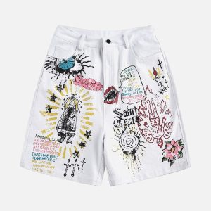 Concert Outfit Graffiti Art Denim Shorts