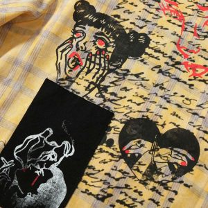 Concert Outfit Graffiti Letter Print Long Sleeve Plaid Polo Shirt