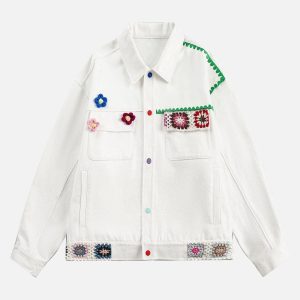 Concert Outfit Handmade Floral Crochet Utility Denim Jacket
