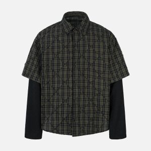 Concert Outfit Heavy Plaid Pleated Striped Faux Two-Piece Polo Shirt