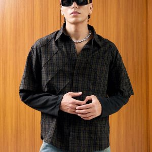 Concert Outfit Heavy Plaid Pleated Striped Faux Two-Piece Polo Shirt