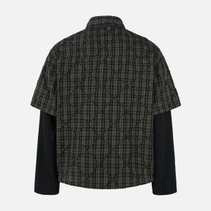 Concert Outfit Heavy Plaid Pleated Striped Faux Two-Piece Polo Shirt