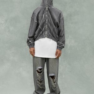 Concert Outfit Heavy Washed Distressed Full Zip Hoodie
