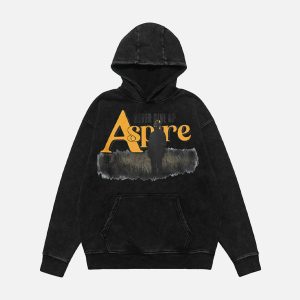 Concert Outfit Heavy Washed Letter Portrait Print Fleece Hoodie