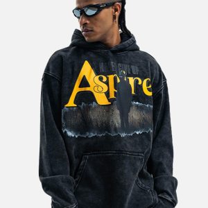 Concert Outfit Heavy Washed Letter Portrait Print Fleece Hoodie