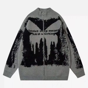 Concert Outfit High Street Abstract Pattern Zipper Stand Collar Cardigan