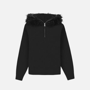 Concert Outfit High Street Detachable Fur Collar Half-Zipped Sweater