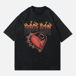 Concert Outfit High Street Heart-Print Dark T-Shirt