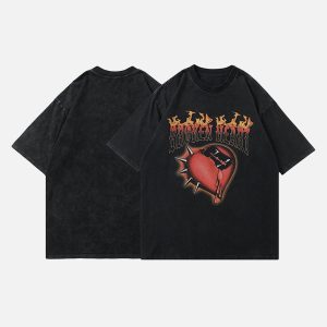 Concert Outfit High Street Heart-Print Dark T-Shirt