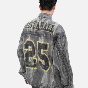 Concert Outfit Hip-Hop Distressed Washed Printed Denim Jacket