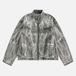 Concert Outfit Hip-Hop Distressed Washed Printed Denim Jacket